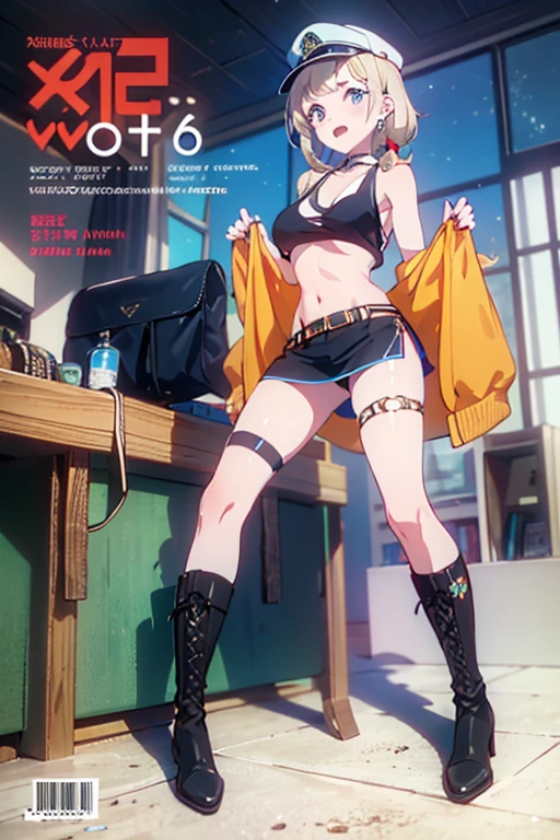 (masterpiece:1.2), (Military uniform magazine cover:1.4),best quality,PIXIV,Sweet girl , sexy posture,1girl, (perky chest:1.2), rolling upskirt by wind:1.6, (with sparkling eyes and a contagious smile),open mouth, (pointed chest:1.2),fishnets, black hair, boots, long hair, black nails, skirt, shirt, black footwear, bag, black skirt, jewelry, jacket, thigh strap, bangs, necktie, earrings, nail polish, multicolored hair, looking at viewer, full body, bottle, own hands together, belt, jacket on shoulders, food, cats on head, ring, choker, english text, collared shirt, blue eyes, hat, lace-up boots ,masterpiece、highest quality、Very detailed、An illustration、Beautiful fine details、One Girl、cute、Detailed landscape、Training Room Background:1.4、Platinum Blonde Hair、Braided Ponytail、Red camisole、((c cup breasts, Tank top showing underboob:1.4))
