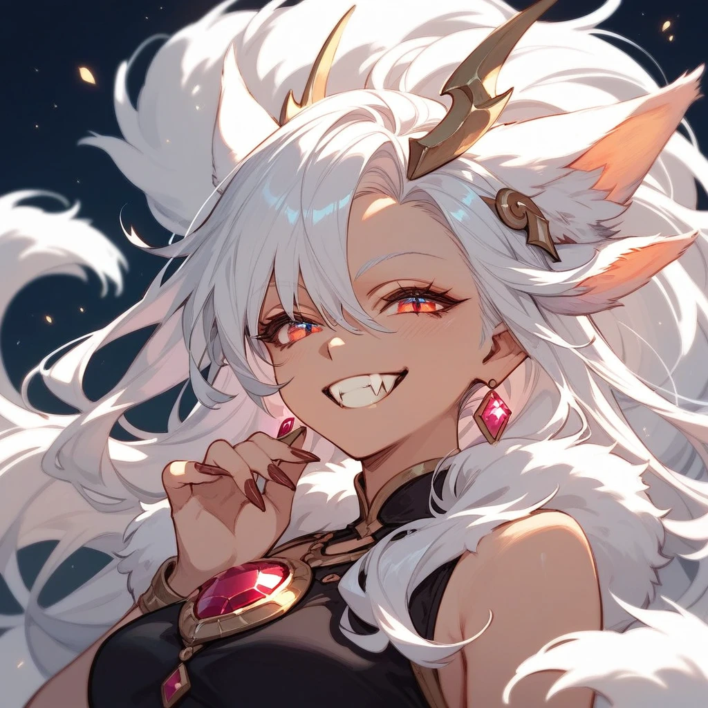 ethereal fantasy, fanged grin, long fluffy tail, swirling white hair, gems(score_9,score_8_up,score_7_up,score_6_up,score_5_up,score_4_up)

