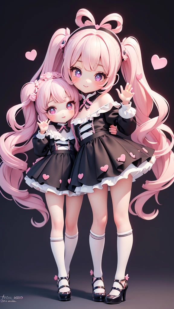 ((petite bishojo, little 2girls)), ((cute  face)), ((heart shaped pupils)), ((masterpiece)), ((best quality)), ((ultra detailed)), ((exquisite)), ((depth)), ((crisp)), ((16k)), ((beautiful and aesthetic)), ((super detailed skin)), ((high standard)), ((highres)), ((perfect anatomy)), (full body), (blush), (lipstick), (dolly, chin up), ((kawaii pose)), (white, blue, black), (perfect hands)