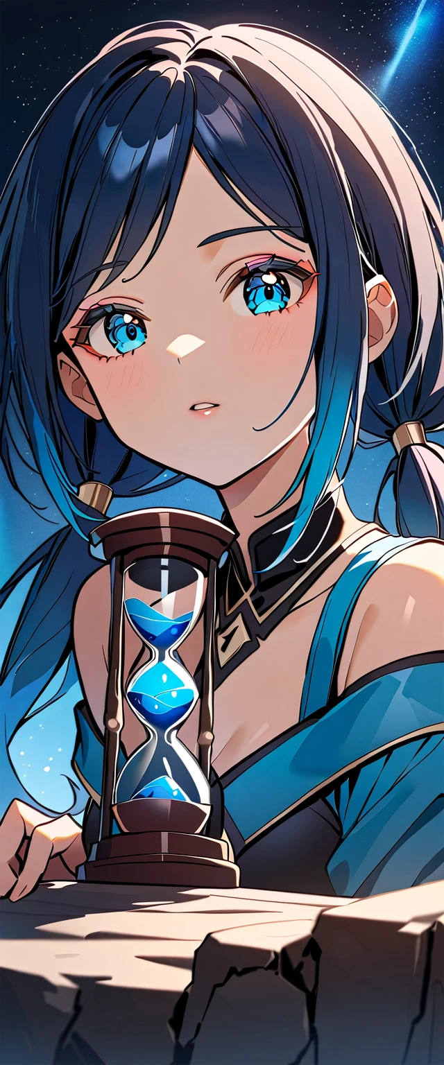 Photo of a high school girl with natural skin, Upper Body, Black and blue gradient hair in twin tails, Sharp eyes with blue eyeshadow, A thin, upturned nose, Well-shaped lips, Hourglass-shaped body shape, White off-the-shoulder dress, Makeup, Exquisitely crafted with the utmost attention to detail, Vibrant, amazing, Smooth, Cinematic, 4K, Backlight, Atop a cliff with a beautiful starry sky, Shallow depth of field.