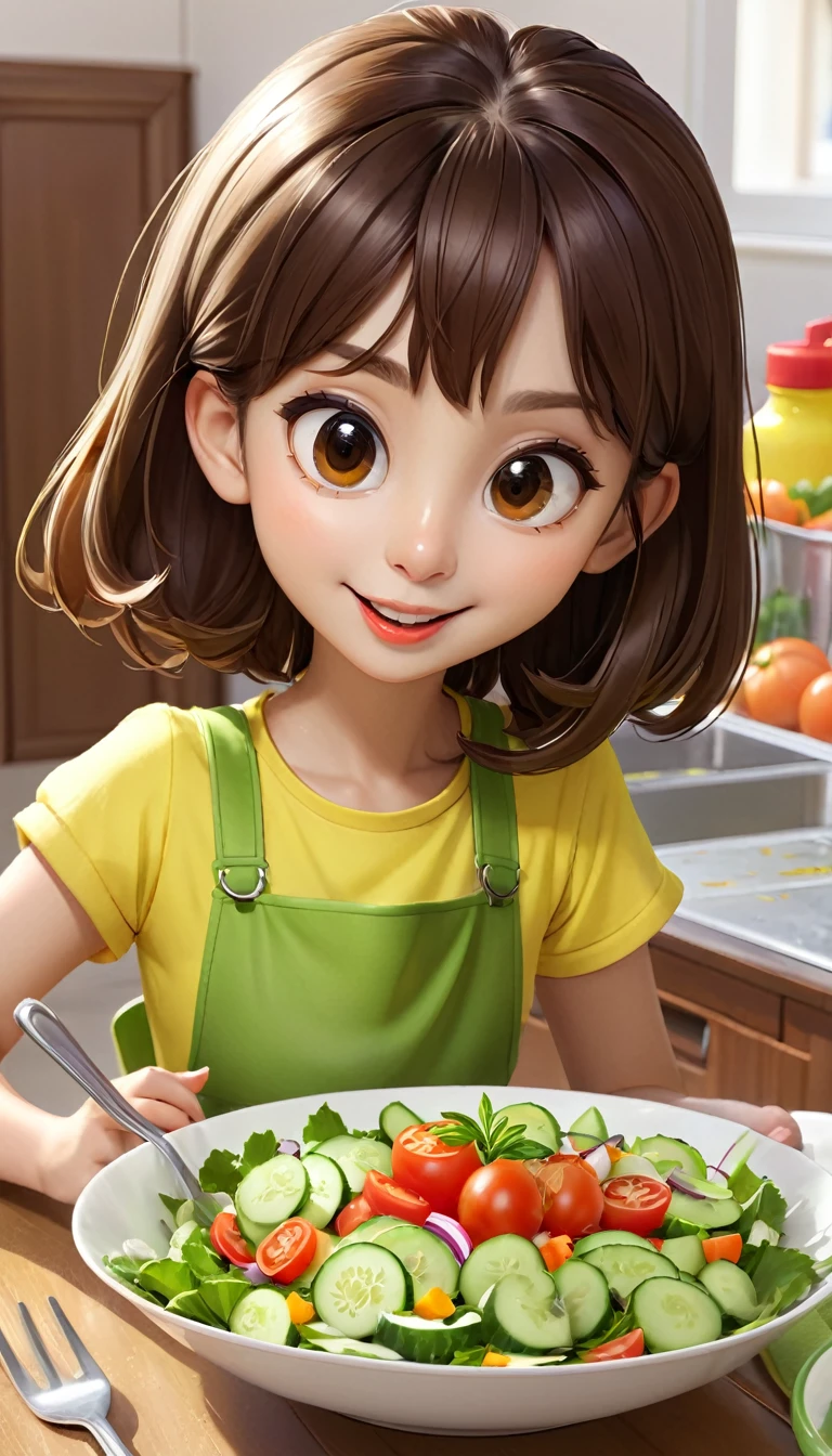 cute的???,cute,Brown hair,Vegetable salad,bright,high quality,Today we made a yummy vegetable salad in school. We washed lettuce, tomatoes, cucumbers, and carrots. Then we chopped them up and mixed them in a bowl. We made a dressing with lemon juice, olive oil, salt, and pepper. It tasted so good! Making salad with friends is fun and healthy.