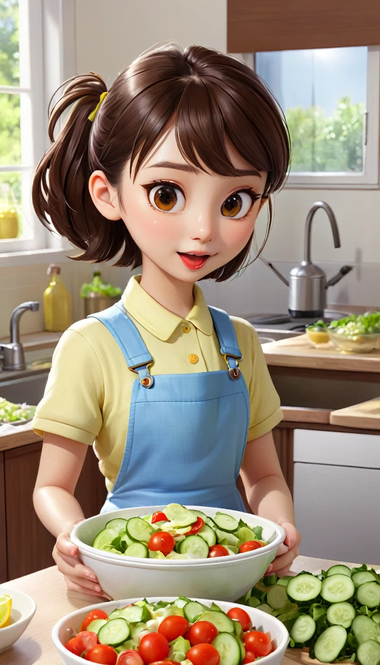 cute的小女孩,cute,Brown hair,Vegetable salad,bright,high quality,Today we made a yummy vegetable salad in school. We washed lettuce, tomatoes, cucumbers, and carrots. Then we chopped them up and mixed them in a bowl. We made a dressing with lemon juice, olive oil, salt, and pepper. It tasted so good! Making salad with friends is fun and healthy.