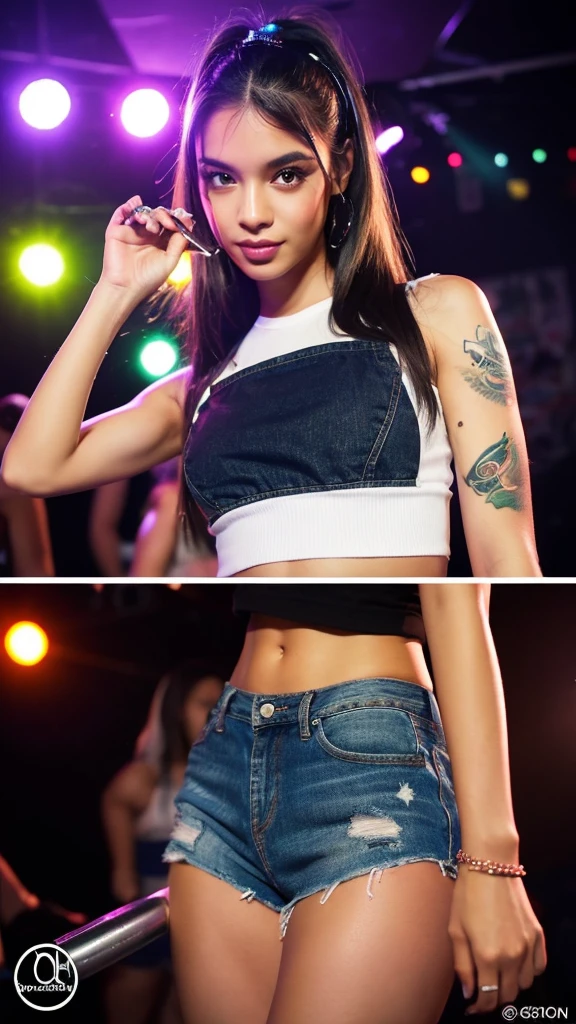 1 girl, textured skin, dancing in the nightclub dressed in a blue denim miniskirt, high-heeled ankle boots and a colorful vest, starry night, with party lights and a lot of people ((((((real life image)))))