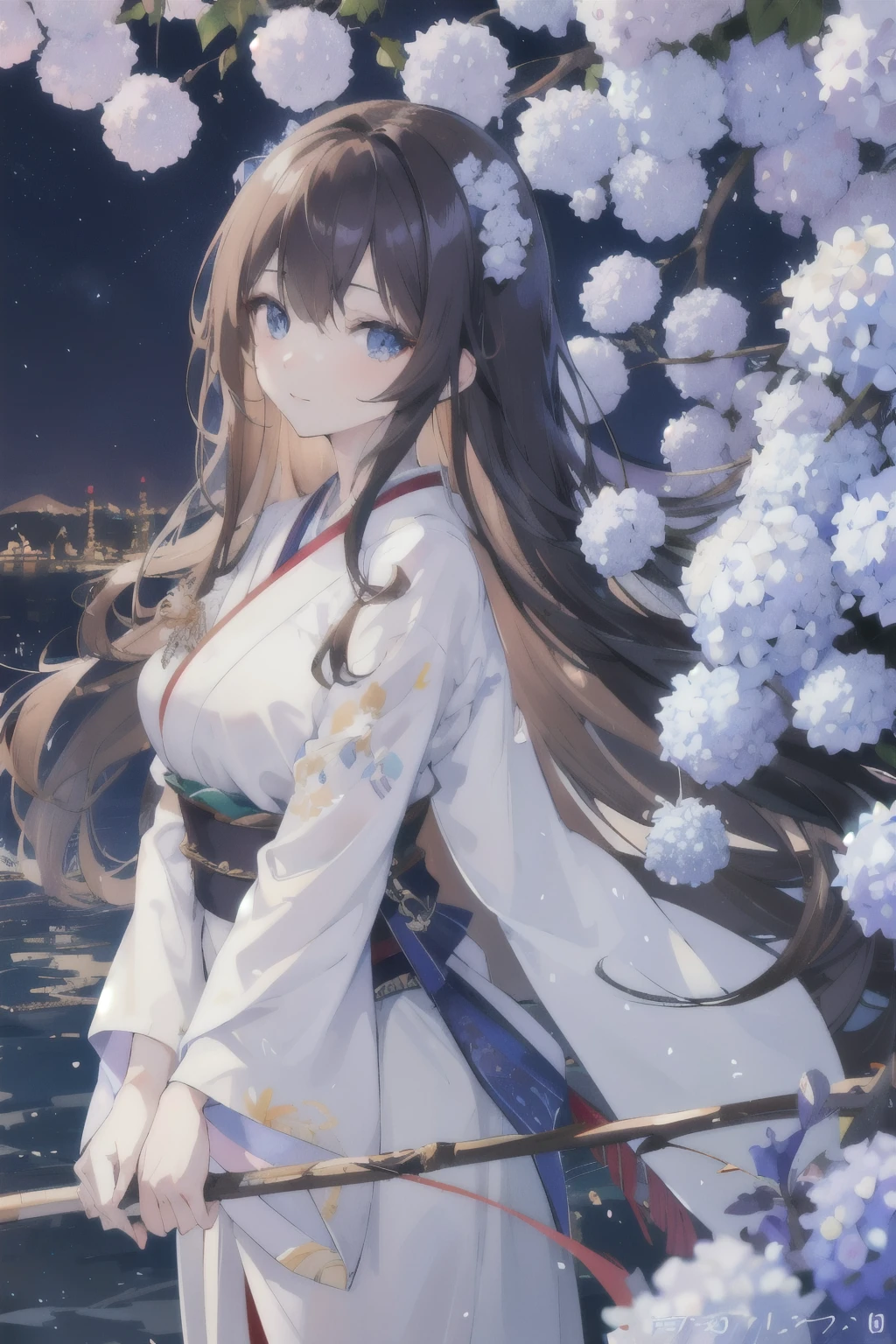 4K, nightの風景, Beautiful woman, Long Hair, Brown Hair,, blue eyes, White shirt,View your viewers, night, Multicolored hydrangea,((Highest quality)), ((masterpiece)), (detailed), animation,Waist-length thick hair, suit，Watery eyes, Shine Digital, cute, Japanese woman, happy ,aldult