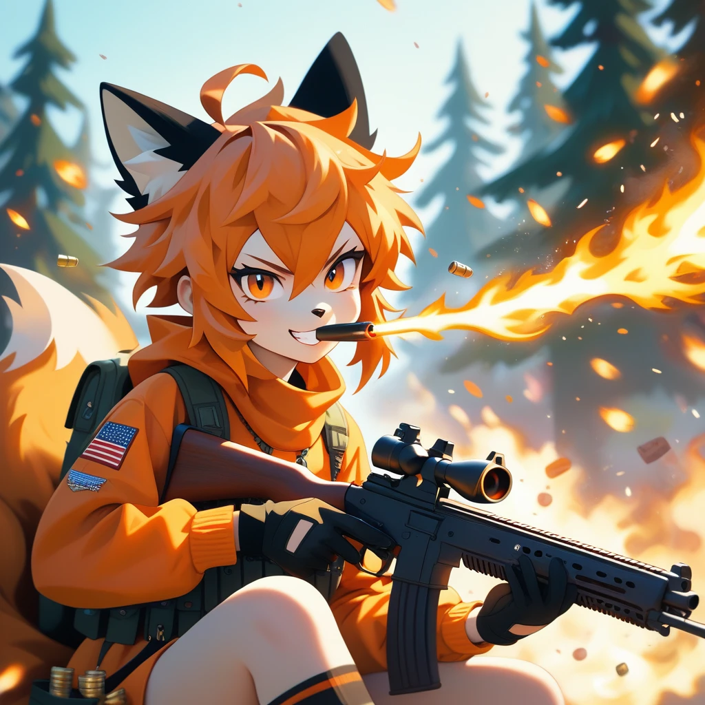 One girl, Short, messy hair with orange flames, Bright orange flaming hair, light orange oversized fox Foodie, fox Foodie, Foodie, Bright orange flame tail、Black gloves, Possession of a gun, In the Forest, Scouting, Orange eyes, Enthusiastic, Severe, Have a weapon, Black Ear, holding Shotgun, Shotgun, bullet, photograph, explosion, Black medium socks, big Foodie, Food, fox Food