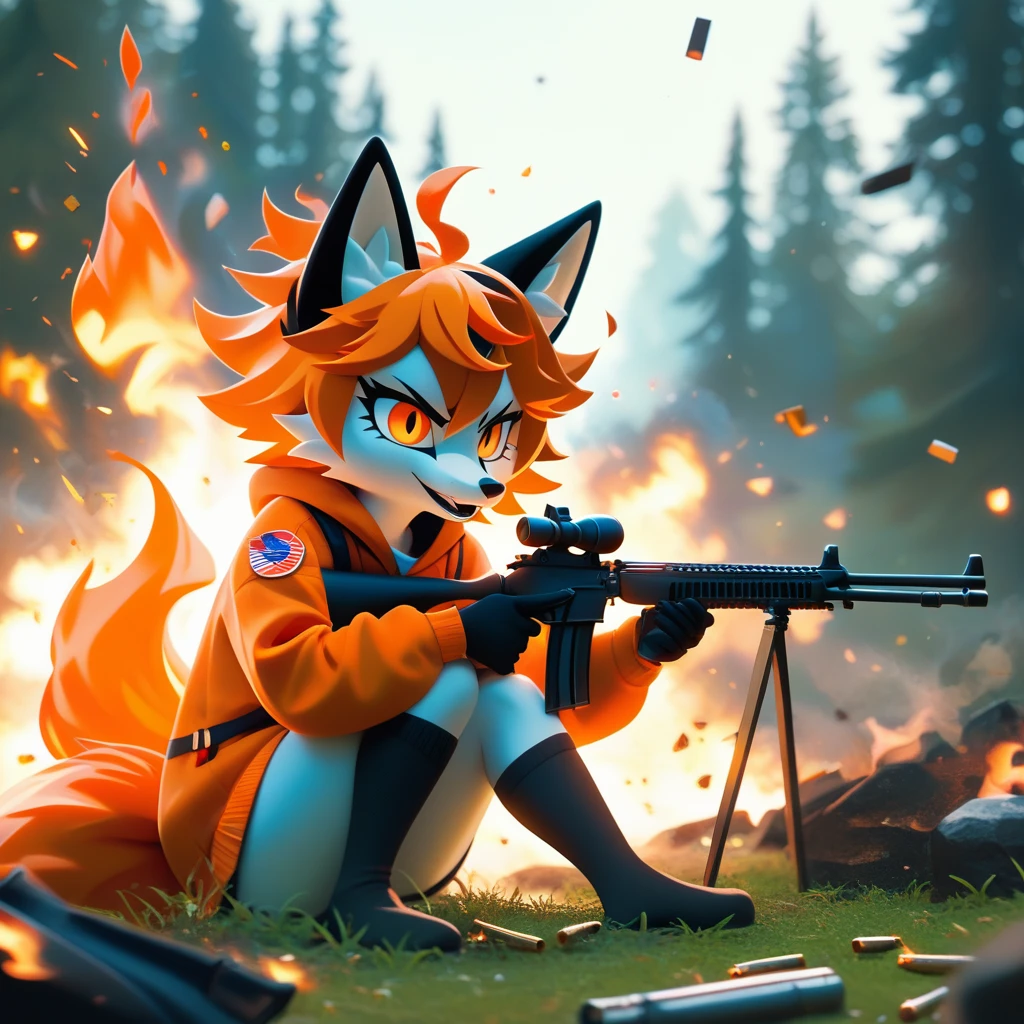 One girl, Short, messy hair with orange flames, Bright orange flaming hair, light orange oversized fox Foodie, fox Foodie, Foodie, Bright orange flame tail、Black gloves, Possession of a gun, In the Forest, Scouting, Orange eyes, Enthusiastic, Severe, Have a weapon, Black Ear, holding Shotgun, Shotgun, bullet, photograph, explosion, Black medium socks, big Foodie, Food, fox Food