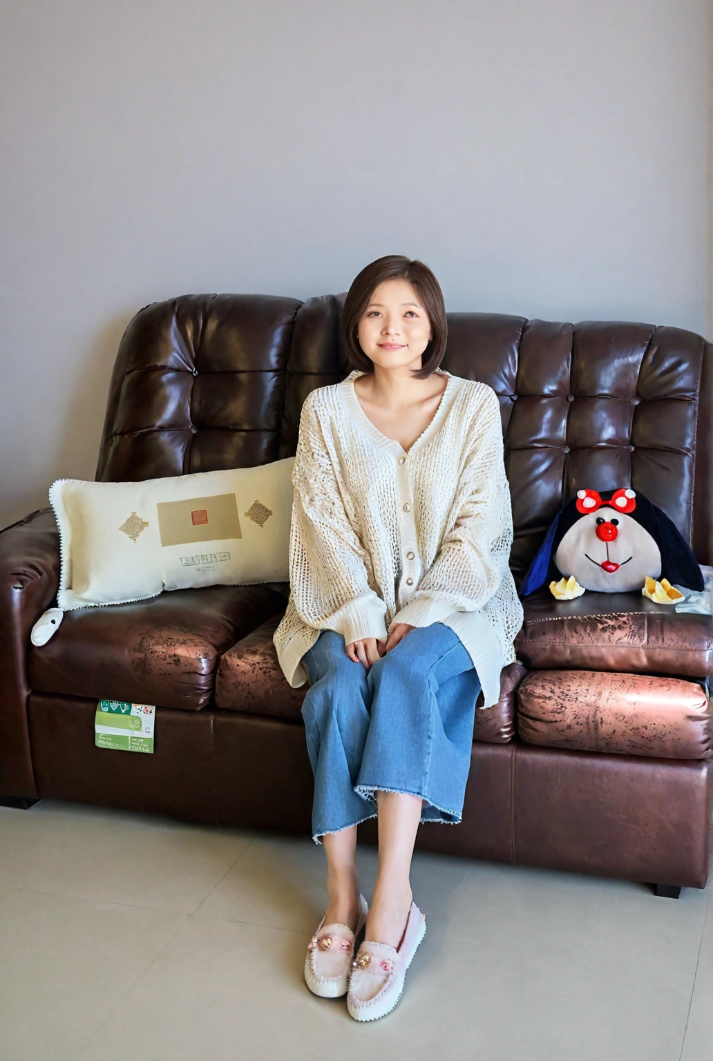 Beautiful Korean Woman , 32 inch chest size, Your eyes are big and pretty. Wearing a high-end luxury brand blouse and cardigan, Casual jeans, short medium hair, Smile. sit on the sofa , uhd