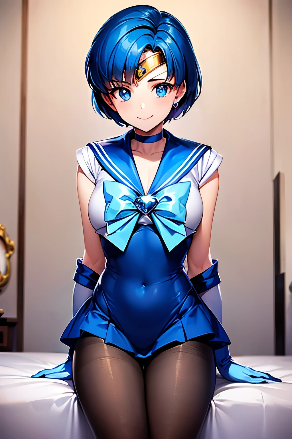 Highest quality, (masterpiece:1.2), Very detailed, 
One girl, alone,
View your viewers, smile, Medium chest, 
Water Eye, Blue Hair, short hair、((pantyhose))、Bedroom、((Sailor Mercury))、((Long gloves))、leotard、mini skirt、boots