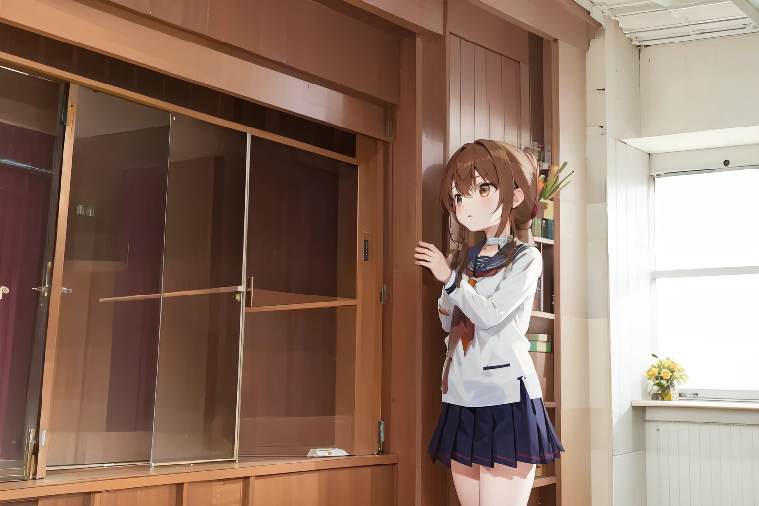 (masterpiece, best quality:1.2),illustration,8k,hd,1girl,solo,upper body,(portrait:1.2),brown_hair,folded_ponytail,brown_eyes,serafuku,long_hair,school_uniform,skirt,pleated_skirt,