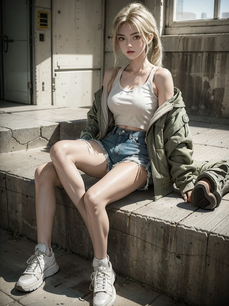 Desert battlefield background,A man in a green short jacket,White tube top,Brown denim shorts,Knee pads,Blonde-haired girl in sneakers and a white short jacket,White tube top,Brown denim shorts,Knee pads,Girl in sneakers sitting on a