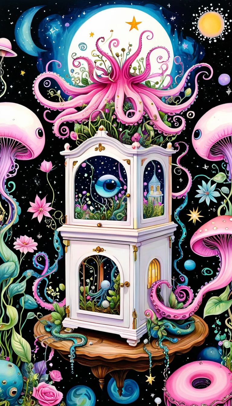 "Dick Ellescas Artist Style",birdcage,Music Box,plant,Tentacles,Eye、Starry Sky,Stitching together an abstract painting,Describing the inner world of autistic people,Sense of space,White Space,interesting,Innocence,Psychedelic Art,Pink theme