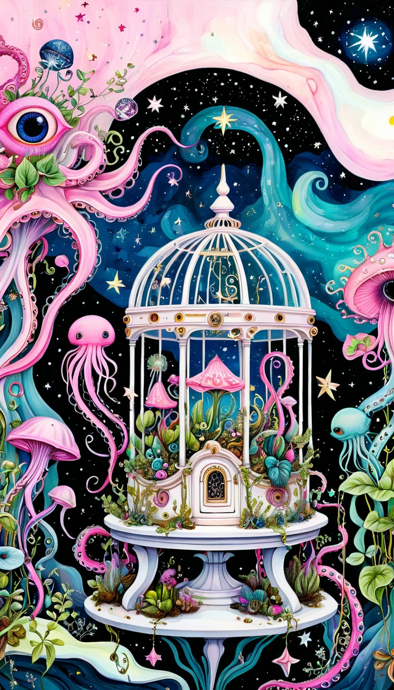 "Dick Ellescas Artist Style",birdcage,Music Box,plant,Tentacles,Eye、Starry Sky,Stitching together an abstract painting,Describing the inner world of autistic people,Sense of space,White Space,interesting,Innocence,Psychedelic Art,Pink theme