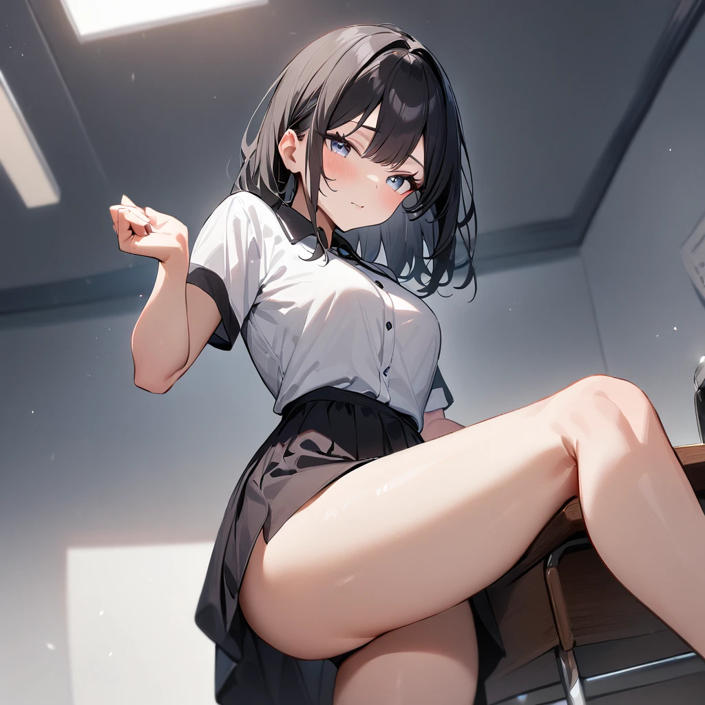 1 girl,black hair,light eyes,leg on desk,up,cowboy shot,masterpiece,best quality,very aesthetic,absurdres 