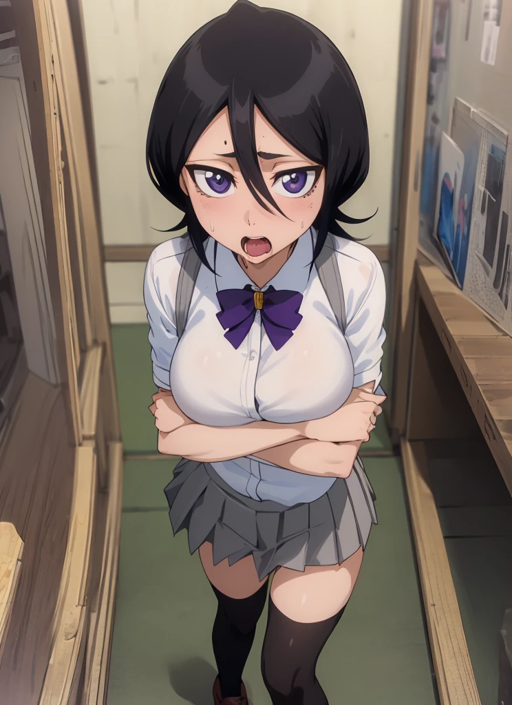 ((best quality)), ((highly detailed)), masterpiece, , (1girl), Perspective distortion, cowboy shot, ((wide shot)), Rukia, black hair, short hair, hair between eyes, purple eyes,  , white collared shirt, red bowtie, grey pleated skirt, socks, shoes, (outside, black thighhighs,big breasts,looking viewer,(sexy pose),(trembling)