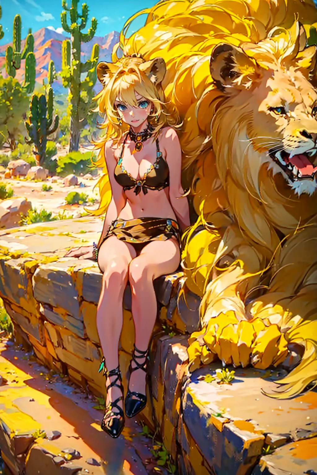 1girl,solo,cute,blond hair,big breast,cleavage,in desert,on the rock,cactus,like a lion,lion girl,mini lion