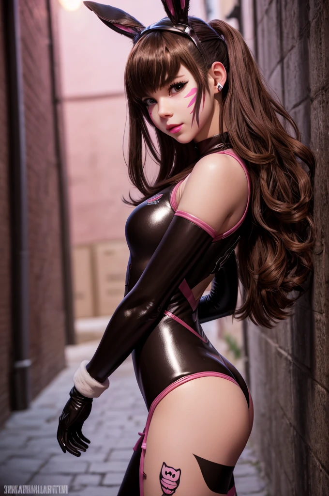 1girll, (D.va (Overwatch):0.8), Solo, Long hair, whisker markings, tightsuit, Brown hair, face markings, mitts, Breasts, Brown eyes, pilotsuit, Earphone, White gloves, Medium breasts, sweeping bangs, skin tight, bangs, Bunny suit, latex bunny suit, shiny, sexual pose, Ribbed one-piece tights, facepaint, Pink lips, questionable, caring, Dark Alley, Night, Night sky, Red light, (Silhouette, hard light:1.2), flirty look