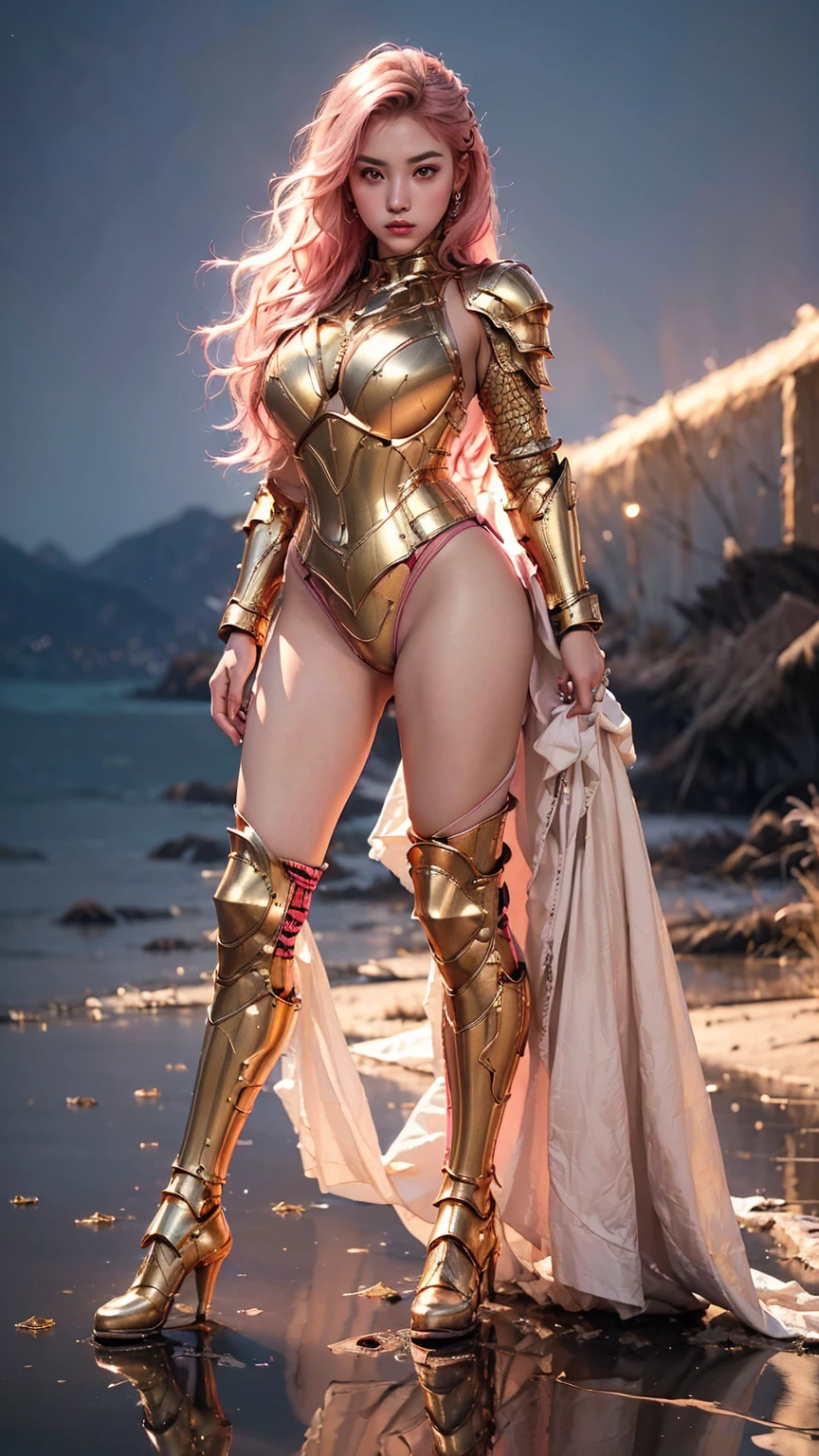 ((best quality)), ((masterpiece)), (ultra detailed lights), ((full body portrait:2)), indonesian girl, extremely beautiful, ultra face details, 20 years old, ((pink curvy-hair)), ((hair blown by strong winds :1.3)), ((Award-winning photograph)), photography of a girl, slim face, extremely beautiful, ultra details skin, crisp picture, ((full make ups)), eyelashes, eyeshadow, gold retina, perfect eyes, ((pink blushing)), ((red lips)), ((wearing tight gold armor)), ((full body armor)), ((tight latex panty)), ((extreme armor reflection render)), Tiara, ((symmetrical body pose)), model posing in the middle, thighs gap, morning at beach, epic sun lights reflection, red clouds, nebula, ((aurora Borealis)), shooting stars, from below