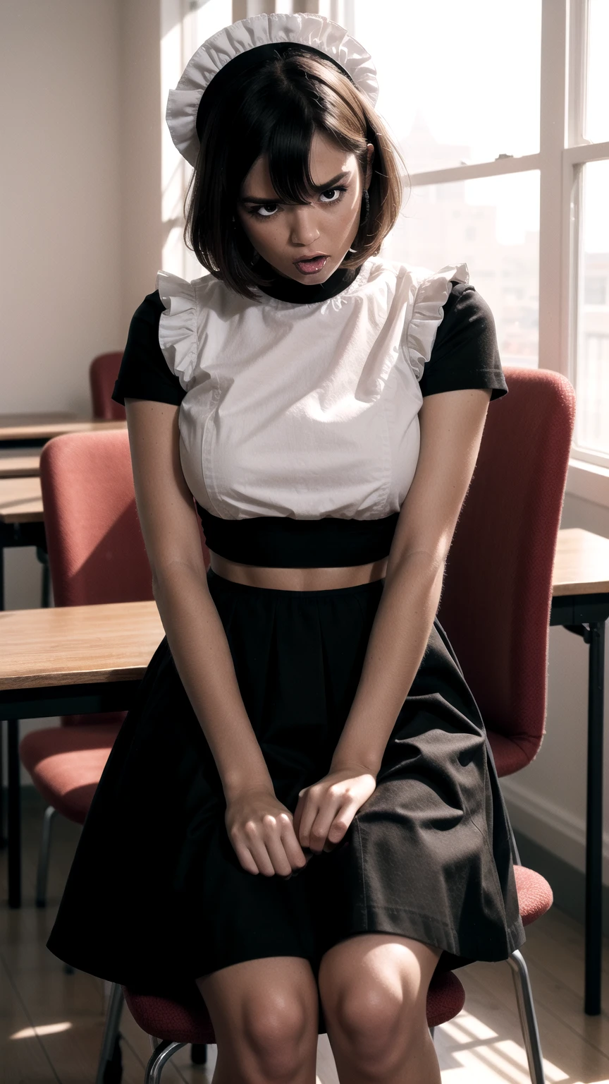 (cowboy shot),(ultra-high resolution, depth of field:1.2),Zenless Zone Zero,(Elen Joe:1.1),1woman,mature,black hair,short hair,inner color hair,(red eyes),medium breasts,crossed arms,maid dress,shark tail,maid apron,maid headdress,piercing,short sleeves,in classroom,sitting,sit in a chair,skirt lift,skirt hold,(((disgust,disgusted)))