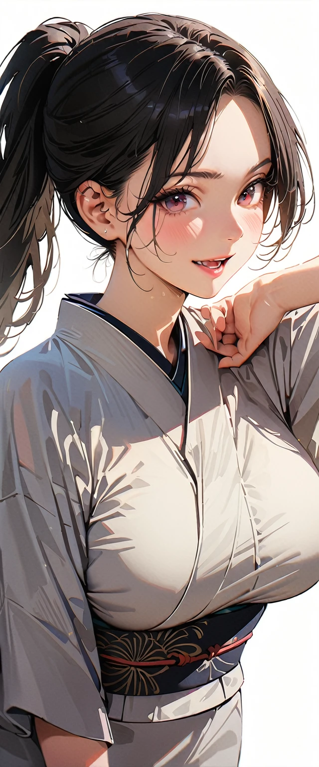 20 years old,1 mature woman,hyperrealistic, 8k, (extremely detailed 8k), (very delicate and beautiful), (masterpiece), (better quality:1.0), (ultra high resolution:1.0), (masterpiece, best quality),cute,black hair,ponytail,cowboy shot,white background,realistic skin,kimono,model posing,big breasts,excited