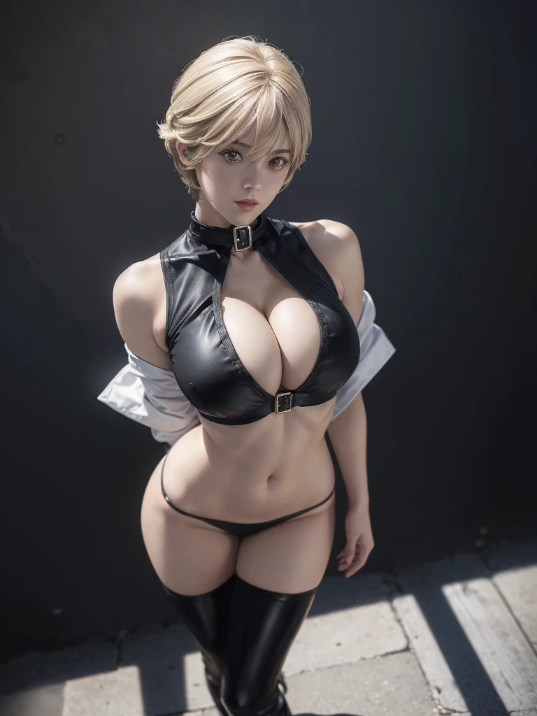 Very short hair, (masterpiece、Highest quality、Official Art), View from the front, Looking at the audience:1.5, topless, small top, White jacket:1.2, Black long boots, Black shorts, (Black bondage suit:1.2), Black collar, Black choker, Glowing Skin, Realistic:1.9, Very detailed, Full Body Shot:1.2, Cleave, Belly button pussy, Expose the center of the body, High resolution, full color photos, High detail, Extremely realistic detail, Ultimate realistic texture, Ultimate in exquisite detail, Professional photos, Sexy portrait of a girl, Voluptuous bust, Tight waist, Cleavage, Trained abdominal muscles, Big Ass,Complete the whole body, Full body image, No underwear, Highest quality, ((background:city:1.4)), Suzune, Suzune's clothes