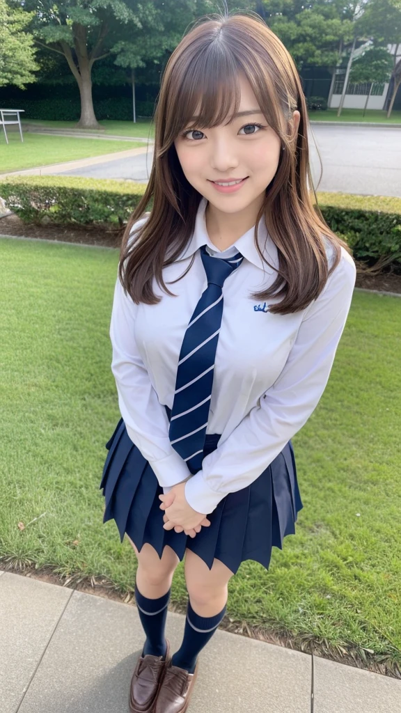 Full body angle, ((school uniform)), one woman, 30 years old, large blests, Japanese, Shiraishi Mai, Nishino Nanase, Kitagawa Keiko, married woman, beautiful woman, pretty face, cute face, refreshing and natural smile