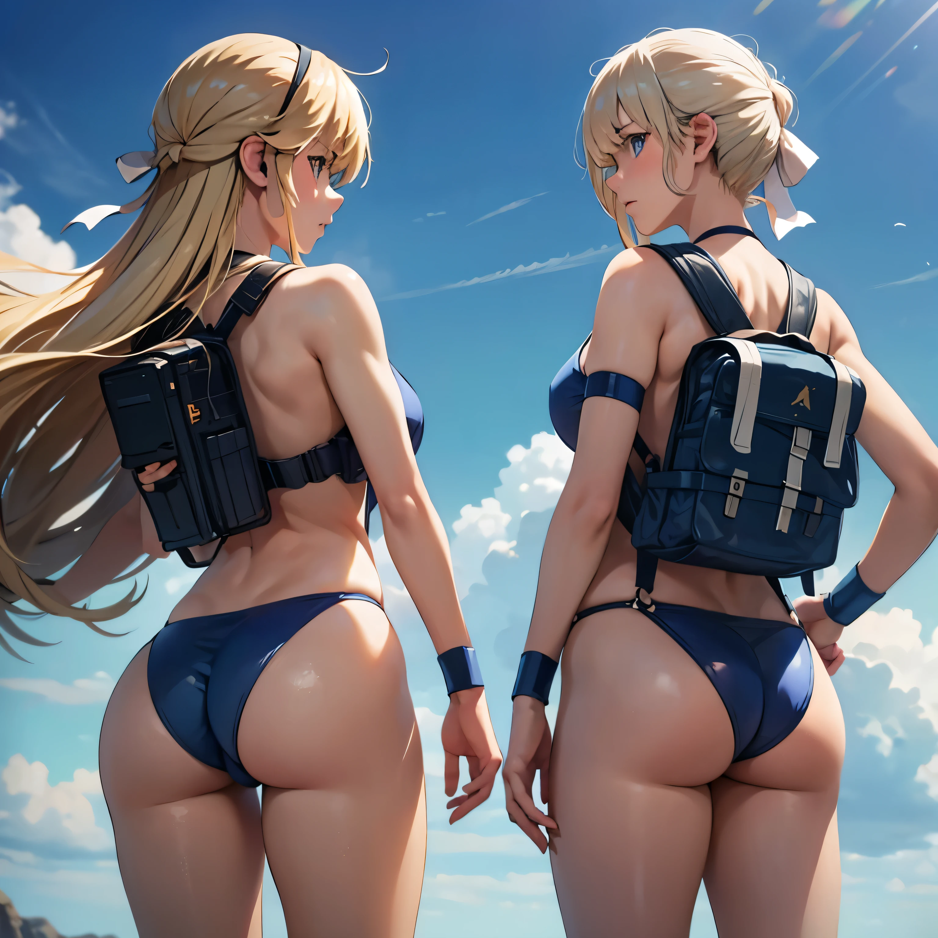 Imperial Guard Combat Uniform Swimsuit, o-ring bikini, v gundam, swimsuit, absurdres, highres, solo, cowboy shot, 1girl, neneka nibrou \(cosplay\), wristband, headphone, holster, backpack, holding gun, aiming, perfect hands, wind, (highres,best_quality,masterpiece), huge , large breast hair, blonde hair, hair ribbon, bangs, blue eyes, tsubasa nanase, hairbon, from back, from behind, looking from back, view from back, ass