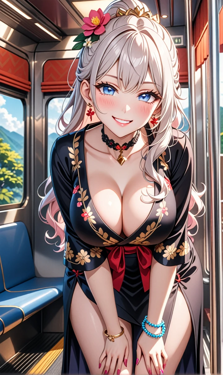 ultra-detailed, ((one girl)), (pale skin:1.3), in pastel colors gyaru, ((blue eyes)), (heavy makeup), hyper detailed, absurdres, 8K, Beautiful Face, (Laugh shyly), ((teasing smile:1.8)), ((Wink:1.7)), (Laugh with your mouth wide open),((Tilt your head:1.7)), View your viewers, ((full-face blushed:1.5)),Glossy Red Lips, ((Big Breasts:1.5)), ((show off breast)), (nipples slip), noon, on the train, (Brighten your face), ((Anime style background)),masterpiece, Highest quality, so beautiful,Latest, Complex details, (Pink long nails), (nail art), (ring),(bracelet), (Floral Choker),AI-generated, Complex,High resolution, Highest quality, super high quality,3D Images、3D Images,One person,Long white hair,(High Ponytail), (wavy hair:1.3), White haired anime woman posing for a photo, ((Fine grain、blue eyes、glowing eyes:1.5)), (Squint your eyes:1.1),a hyperRealistic , hyperRealistic , Realistic,Anime woman with long white hair, Smooth anime CG art, (A girl in a gorgeous black kimono), ((Black furisode:1.3)), (Gold embroidery), (Red floral embroidery), ((undressing)),  Long flower hair ornament,Floral Earrings,Mature Body, tall,Narrow waist,((leaning forward:1.5), ((front view)),