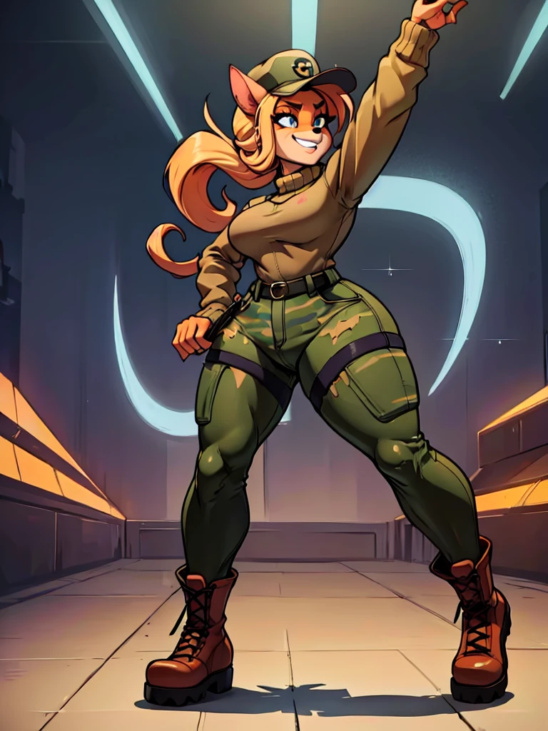 ,sancy anthro bandicoot girl Beautiful eyes, long eyelashes,, grin, cozy and warm, sweaters, camouflage trousers, army boots, night, dancing hip-hop, Twerking, cool sexy moment,dramatic shadows, vibrant colors, gritty military aesthetic,