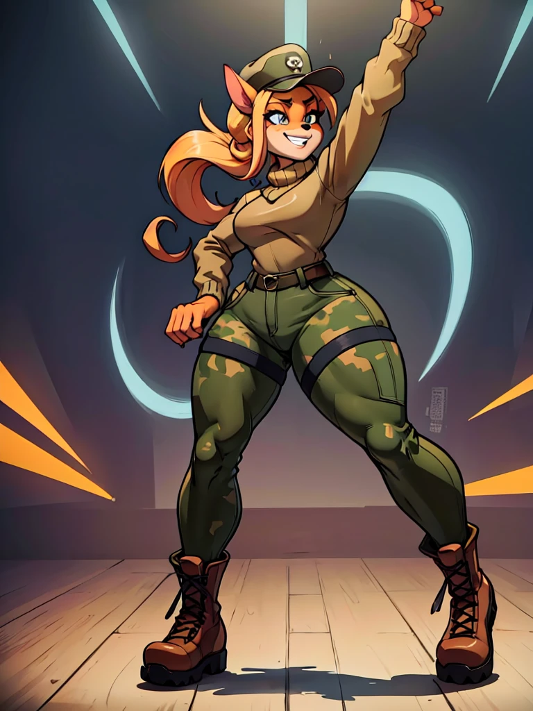 ,sancy anthro bandicoot girl Beautiful  eyes, long eyelashes,, grin, cozy and warm, sweaters, camouflage trousers, army boots, night, dancing  hip-hop, Twerking,  cool sexy moment,dramatic shadows, vibrant colors, gritty military aesthetic,
