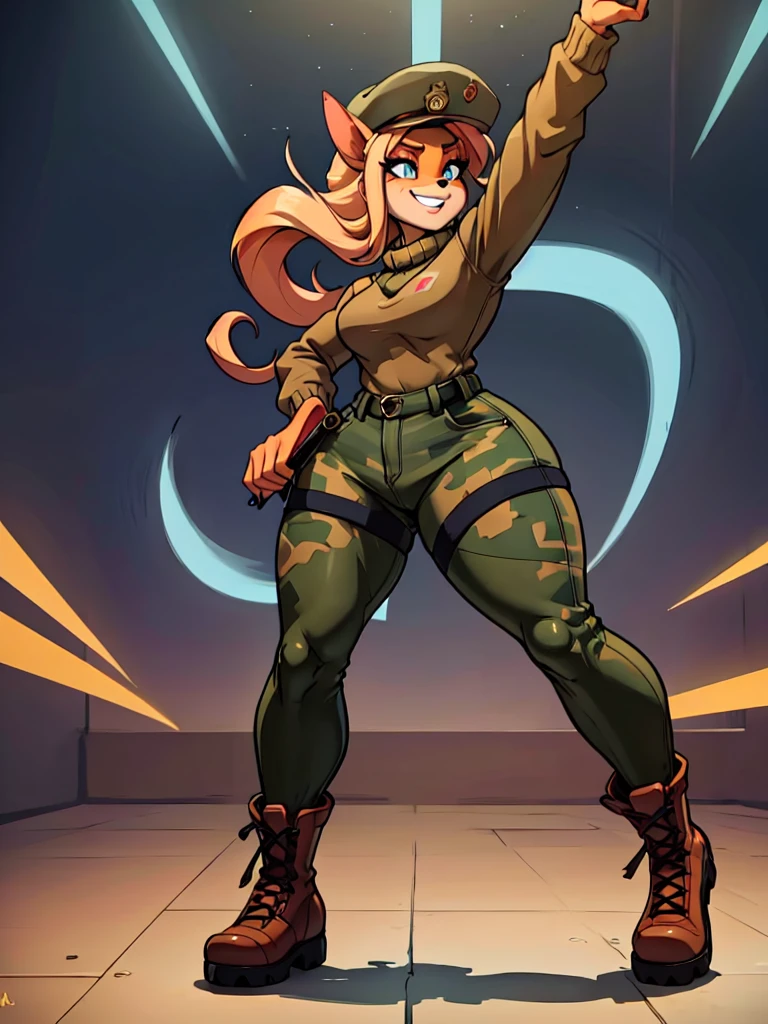 ,sancy anthro bandicoot girl Beautiful eyes, long eyelashes,, grin, cozy and warm, sweaters, camouflage trousers, army boots, night, dancing hip-hop, Twerking, cool sexy moment,dramatic shadows, vibrant colors, gritty military aesthetic,