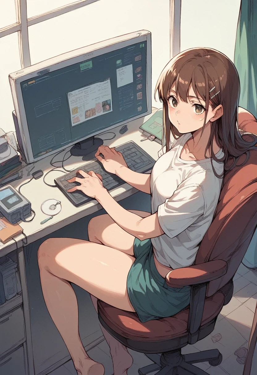 nsfw, Ultimate Detailed, Dimensional effect, perspective, perfect depiction of girl, perfect anatomy, perfect realistic hair, perfect realistic skin, perfect positional relationship, from right above, 1girl, curious, tomboyish, rustic, long hair, black hair, swept bangs, brown eyes, small to glowing breasts, shirt dress, green plaid dress, dress buttons, button gap, sliped off shoulder dress, rabbit slippers, blush, smile, bend down, hands wrapped around thighs, legs together, indoors, summer vacation, wide gaming desk, forth desk legs, computer, monitor, keyboard (computer), mouse (computer), mouse pad, gaming chair, sitting chair, wooden floor, wall, ai-assisted,