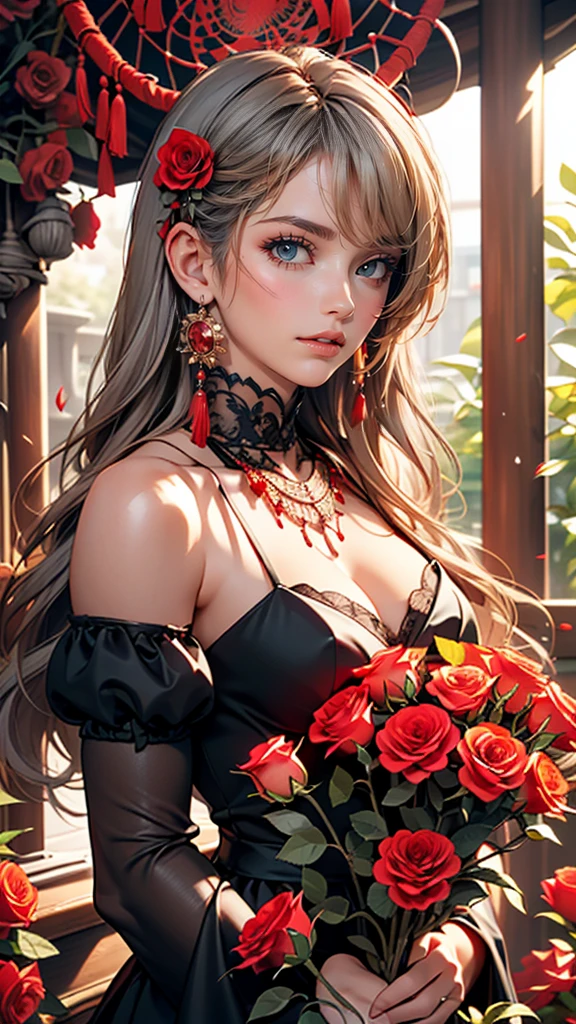 (highest quality, masterpiece), (One girl, alone, Black Dress, Are standing , View Viewer, Gray Hair, Red eyes, Holding roses, Mouth closed, Upper Body), (Red dream catcher behind, Red flower, )