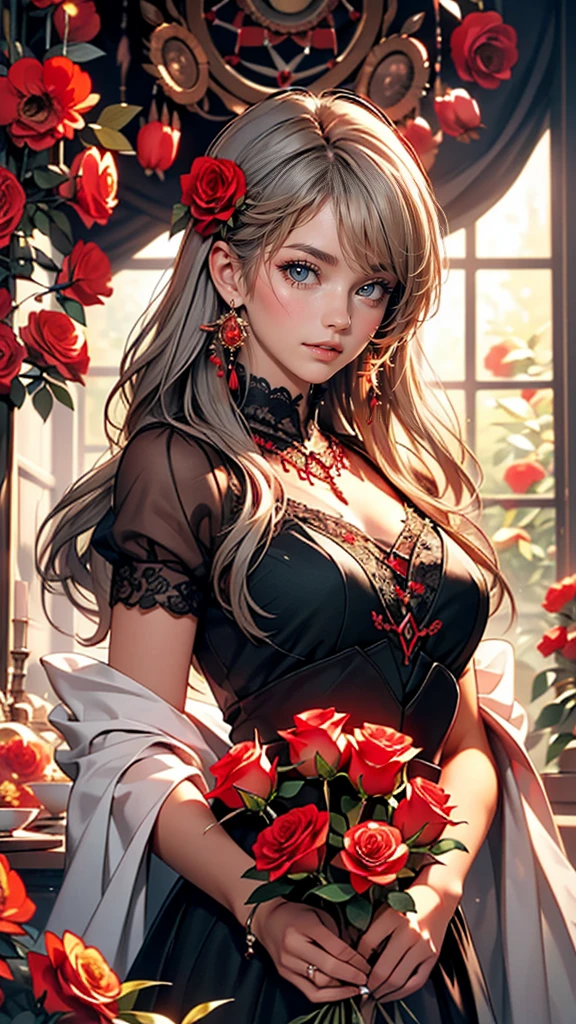 (highest quality, masterpiece), (One girl, alone, Black Dress, Are standing , View Viewer, Gray Hair, Red eyes, Holding roses, Mouth closed, Upper Body), (Red dream catcher behind, Red flower, )