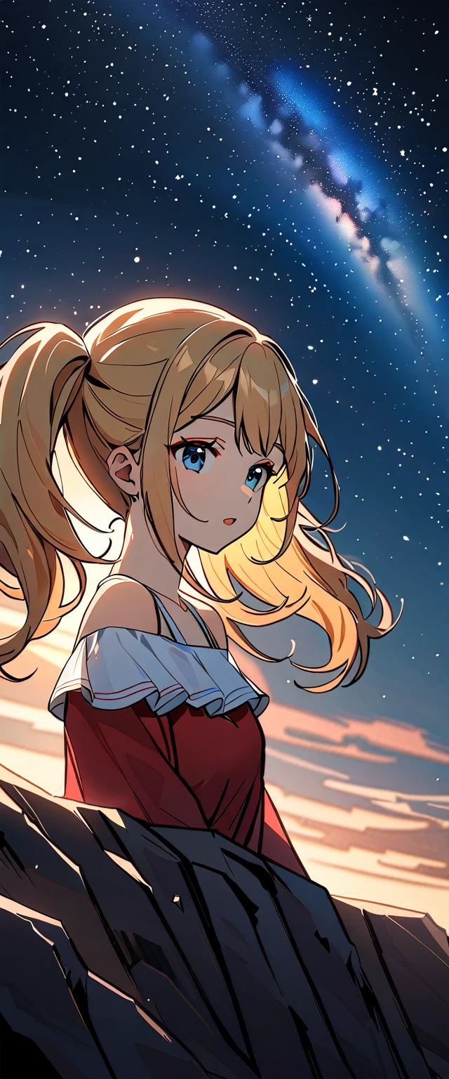Photo of a high school girl with natural skin, Upper Body, Blonde and red gradient hair in twin tails, Sharp eyes with blue eyeshadow, A thin, upturned nose, Well-shaped lips, White off-the-shoulder dress, Makeup, Exquisitely crafted with the utmost attention to detail, Vibrant, amazing, Smooth, Cinematic, 4K, Backlight, ((Atop a cliff with a beautiful starry sky)), Shallow depth of field.