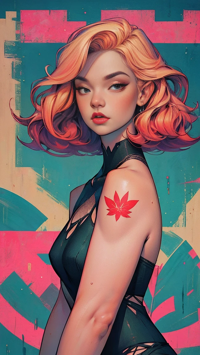 portrait of a girl, near, up close,Background, in a chic expensive interior, multicolored pink hair, mixed-language_SMS,  graffiti, (beautiful and clear background:1.2),, fantastic paintings ,graffit style, highly detail eyes , blond girl, cannabis print, marijuana tattoo, Loving, Love, ultra detail hair, Masterpiece, Best Quality, highly quality, A high resolution, detail enhancement, ((most beautiful image in the world)), Masterpiece, Best Quality, highly quality, A high resolution, detail enhancement, ((most beautiful image ), Shiny red wavy hair, Ultra Chic Transparent Clothing, Erotica, highheels, tights in a mesh Artist Stepan Seich, art by j scott campbell, Artist Guillem March, art by citemer liu, 4k, High Resolution, comic book character, comic, high quality detailed,   style of ::2.0 comix illustration style,tatoon style, highly quality, A high resolution, detail enhancement, 8K, HD, Best Quality, highly quality, A high resolution, detail enhancement, 8K, HDR, sharp-focus, Ultra Detailed, perfect  lighting, Curvy Body, Lush breasts, Curvy hips