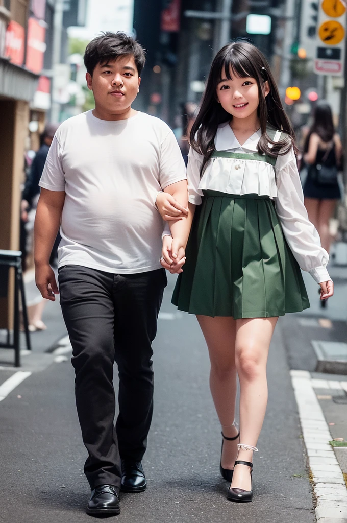 (masterpiece), best quality, ultra high res, approaching perfection, 4k resolution, 8k resolution, highly detailed, fine detail, full of color, intricate detail,2persons,(High quality photo of Japanese tiny grade-schooler girl with ponytail fleshy bod thick arms (&) lecherous middle-aged man from JAV porn 62yo with bulky fat build bald head Shigeo Tokuda), slim fleshy tiny girl wearing short skirt buttoned down shirt figure & bulky middle-aged jav man wearing short pants undershirt figure, navy gingham check short sleeve shirt, jeans, center parted grizzled black short hair, hunchback, sitting on a park bench, (detailed face),hugging the girl with one hand, at midnight:1.1, -auto