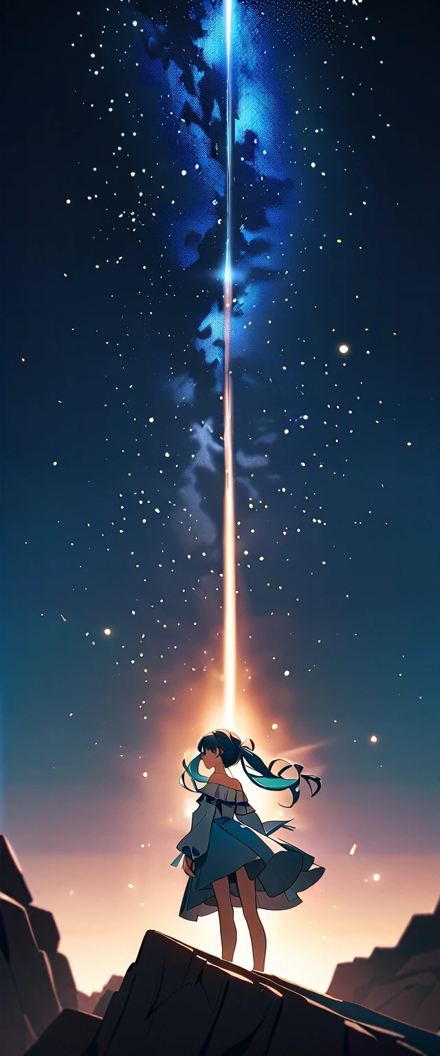 Photo of a high school girl with natural skin, Upper Body, Black and blue gradient hair in twin tails, Sharp eyes with blue eyeshadow, A thin, upturned nose, Well-shaped lips, White off-the-shoulder dress, Makeup, Exquisitely crafted with the utmost attention to detail, Vibrant, amazing, Smooth, Cinematic, 4K, Backlight, Atop a cliff with a beautiful starry sky, Shallow depth of field.