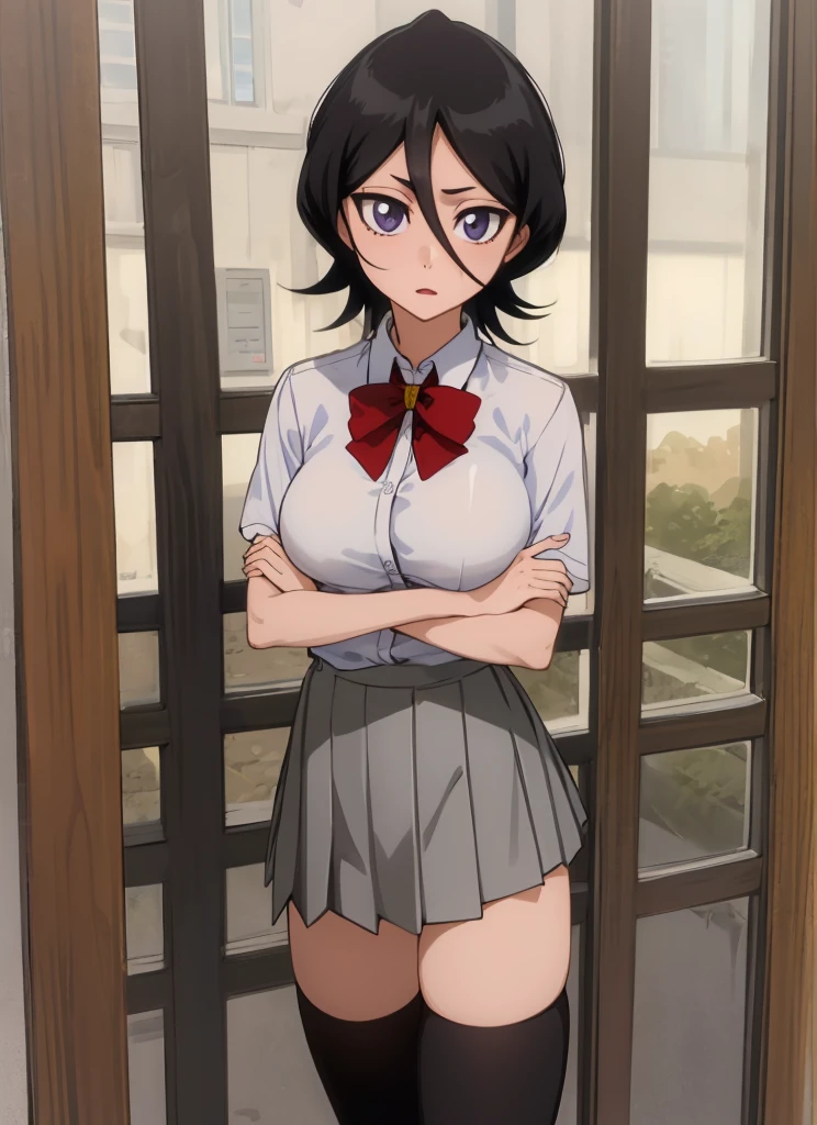 ((best quality)), ((highly detailed)), masterpiece, , (1girl), Perspective distortion, cowboy shot, ((wide shot)), Rukia, black hair, short hair, hair between eyes, purple eyes,  , white collared shirt, red bowtie, grey pleated skirt, socks, shoes, (outside, black thighhighs,big breasts,looking viewer,(sexy pose),from side