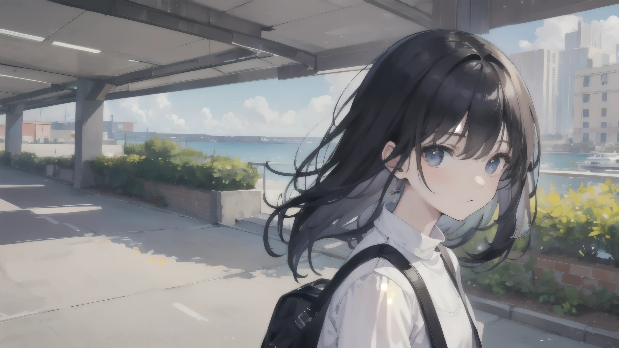 masterpiece, Highest quality, One girl, parking, Black Hair, Medium Short,Upper Body, From the side, black eye, Don't look at me,Sitting on the bonnet of a car,