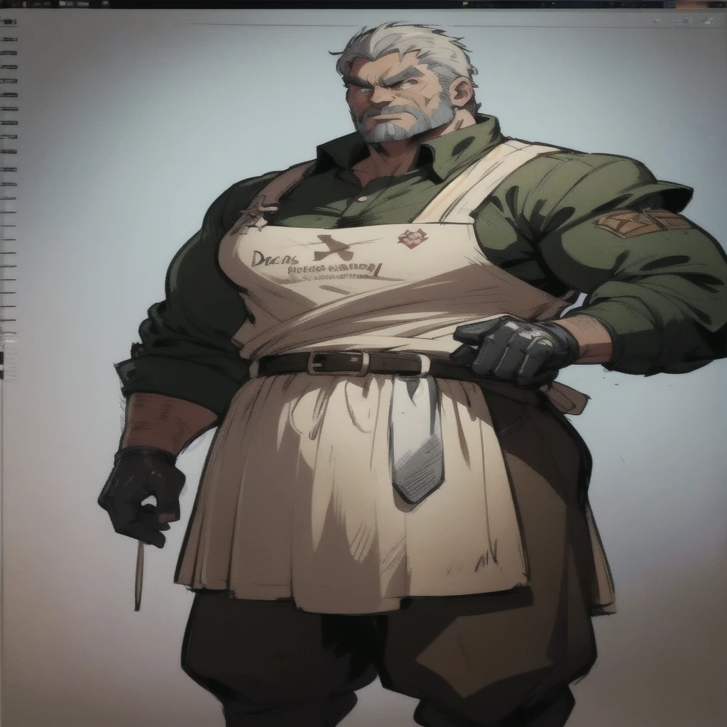 a close-up of a drawing of a man with a beard and an apron, Doomguy as a Soviet soldier, official character art, Character Profile Art, Character graphics, offcial art, detailed anime character art, ( ( Concept art for characters ) ), judge character, wise ( judge ), Metabaron, official character illustration, Frymire-Hut, detailed character art