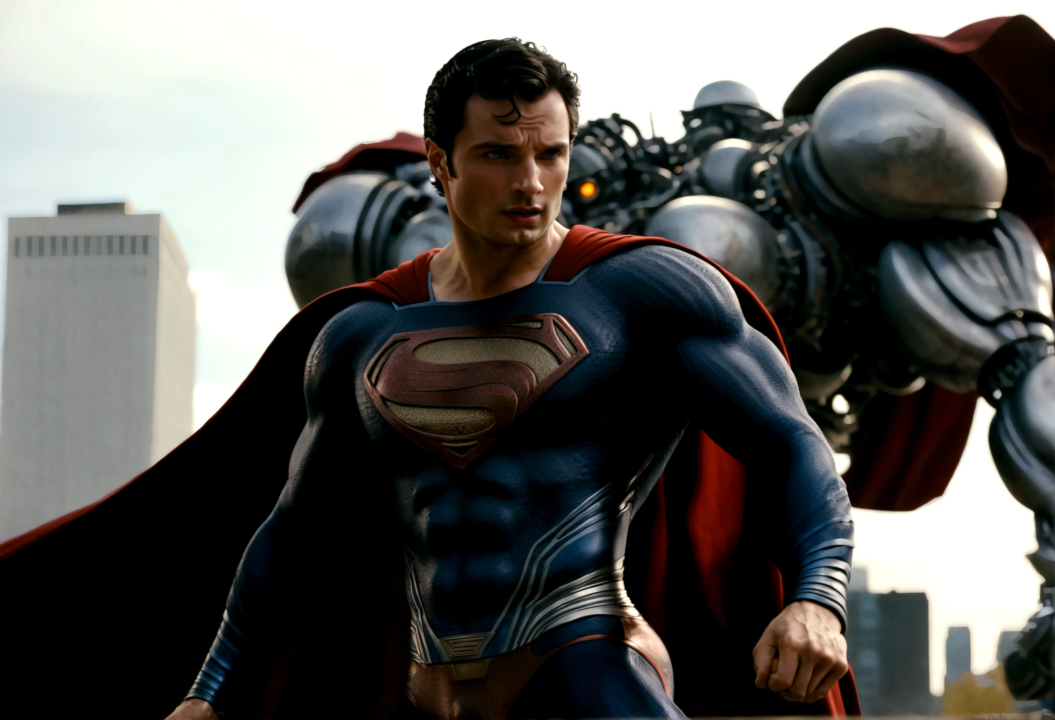 Superman played by Tom Welling fighting big robot