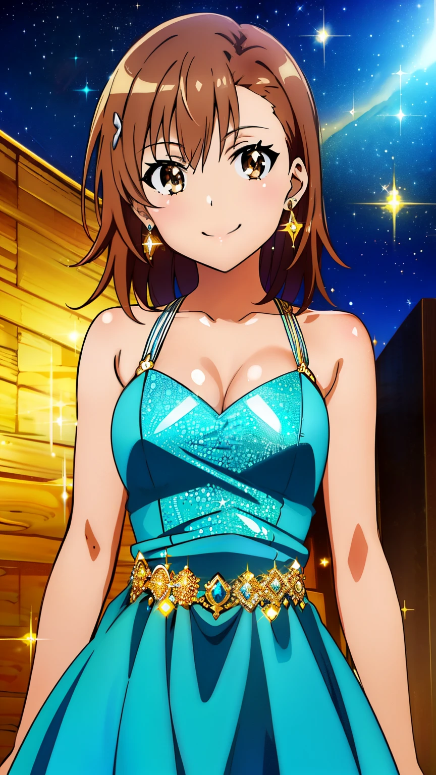 (masterpiece, best quality, 8k:1.2),Very detailed, (anime:1.1), misaka_mikoto, brown hair, medium hair, hairpin, 16 years old, medium breasts, 1girl, (Sparkly dress, shiny dress, earrings, smile), Cowboy shot, looking at viewer,