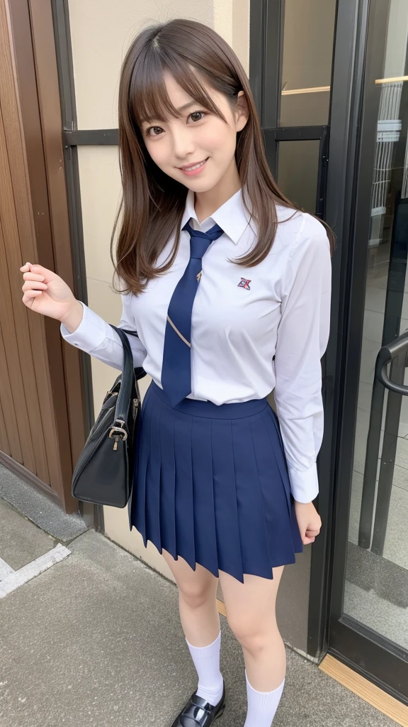 Full body angle, ((school uniform)), one woman, 30 years old, large blests, Japanese, Shiraishi Mai, Nishino Nanase, Kitagawa Keiko, married woman, beautiful woman, pretty face, cute face, refreshing and natural smile