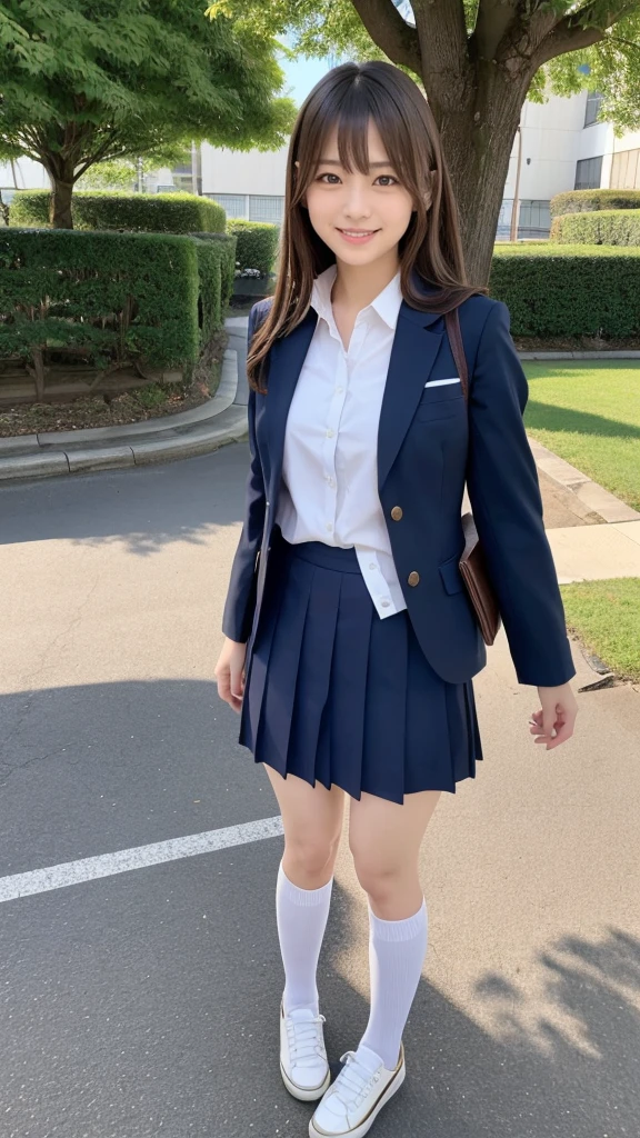 Full body angle, ((school uniform)), one woman, 30 years old, large blests, Japanese, Shiraishi Mai, Nishino Nanase, Kitagawa Keiko, married woman, beautiful woman, pretty face, cute face, refreshing and natural smile