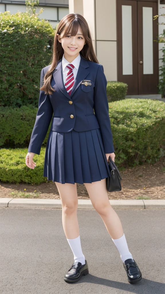 Full body angle, ((school uniform)), one woman, 30 years old, large blests, Japanese, Shiraishi Mai, Nishino Nanase, Kitagawa Keiko, married woman, beautiful woman, pretty face, cute face, refreshing and natural smile