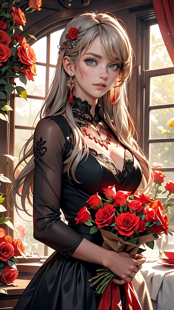 (highest quality, masterpiece), (One girl, alone, Black Dress, Are standing , View Viewer, Gray Hair, Red eyes, Holding roses, Mouth closed, Upper Body), (Red dream catcher behind, Red flower, )