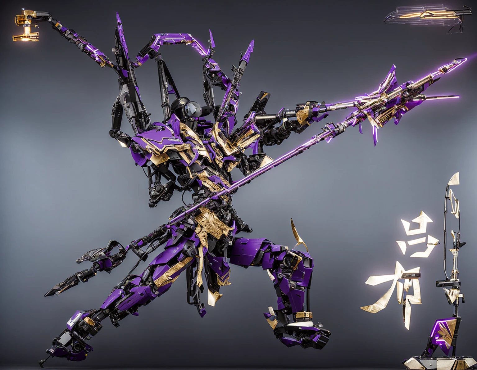 Close-up of a robot of a person with a spear.,Lipo repeater,Black Armor , black veil, Detailed pictures, electric purple, Purple energy around the body