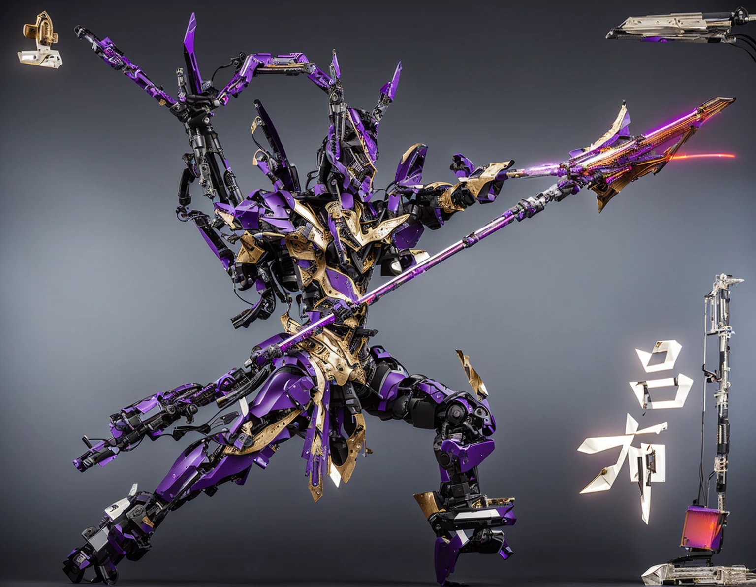 Close-up of a robot of a person with a spear.,Lipo repeater,Black Armor , black veil, Detailed pictures, electric purple, Purple energy around the body