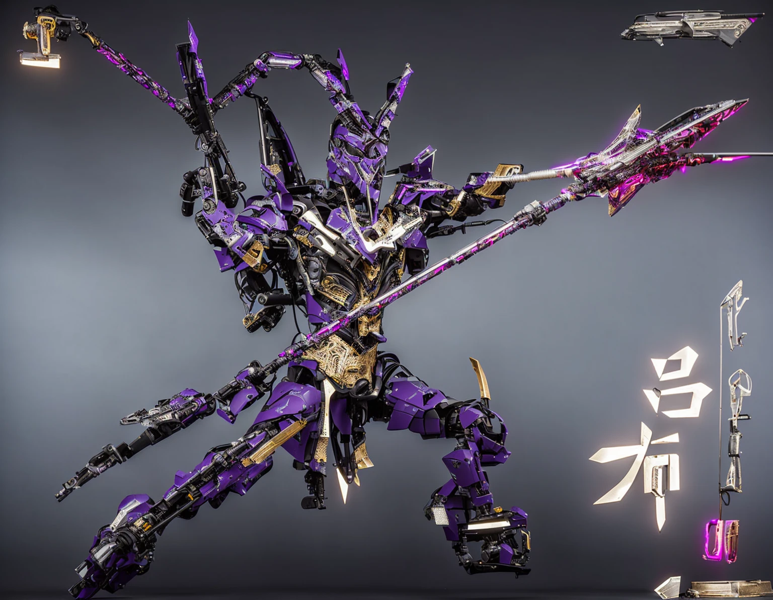 Close-up of a robot of a person with a spear.,Lipo repeater,Black Armor , black veil, Detailed pictures, electric purple, Purple energy around the body