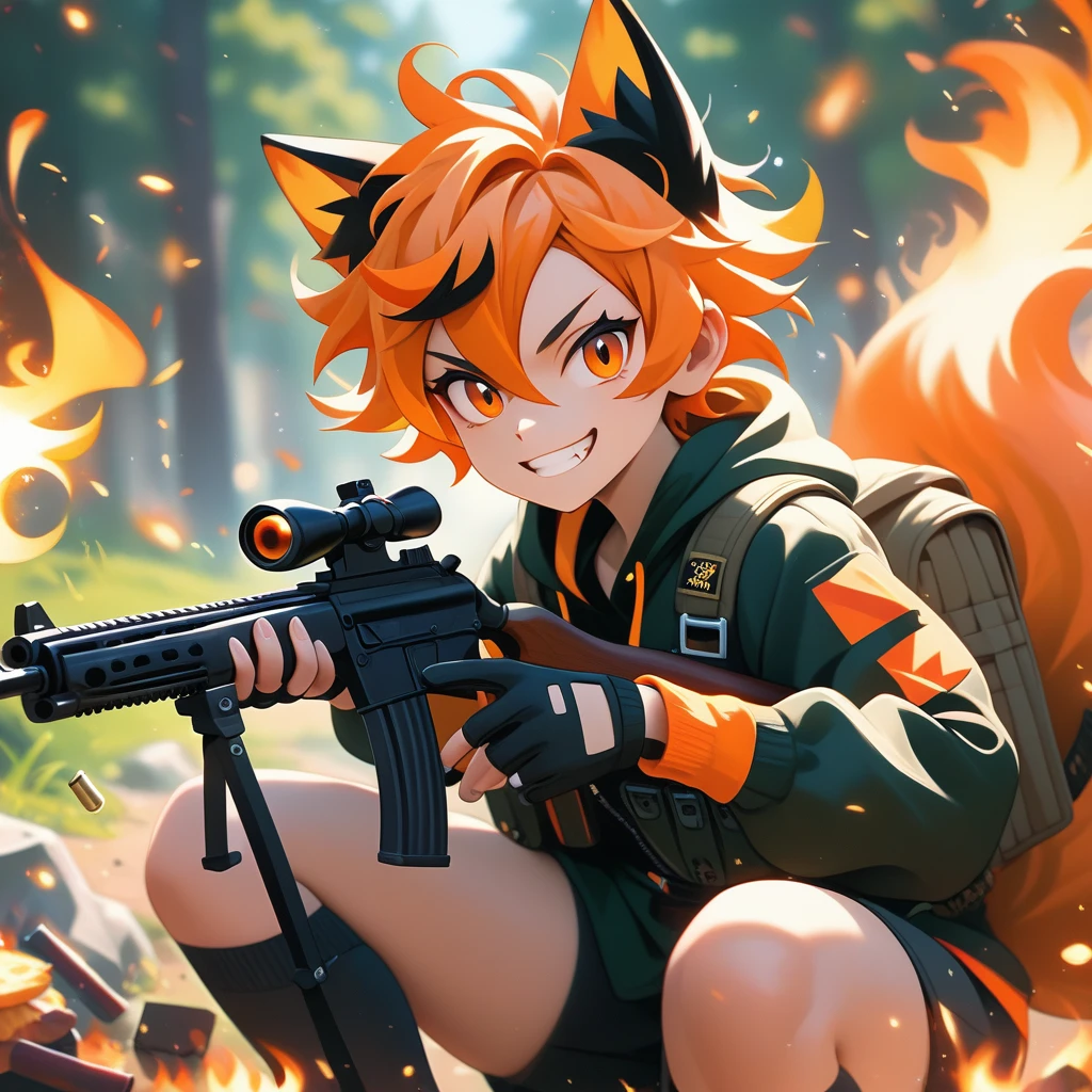 One girl, Short, messy hair with orange flames, Bright orange flaming hair, light orange oversized fox Foodie, fox Foodie, Foodie, Bright orange flame tail、Black gloves, Possession of a gun, In the Forest, Scouting, Orange eyes, Enthusiastic, Severe, Have a weapon, Black Ear, holding Shotgun, Shotgun, bullet, photograph, explosion, Black medium socks, big Foodie, Food, fox Food